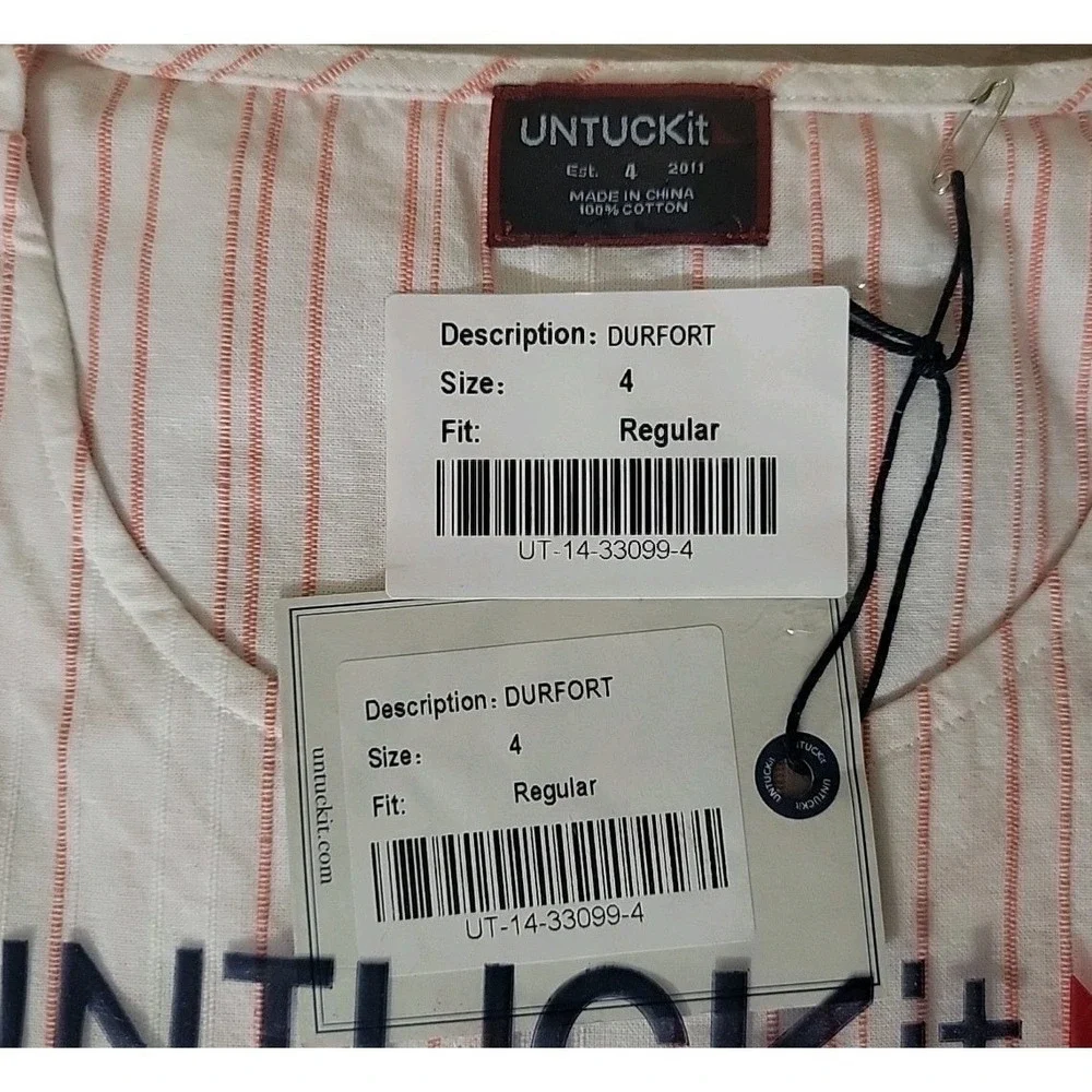 UNTUCKit Durfort Tunic Top Womens 4 White Coral Striped‎ Cotton Split Neck NWT